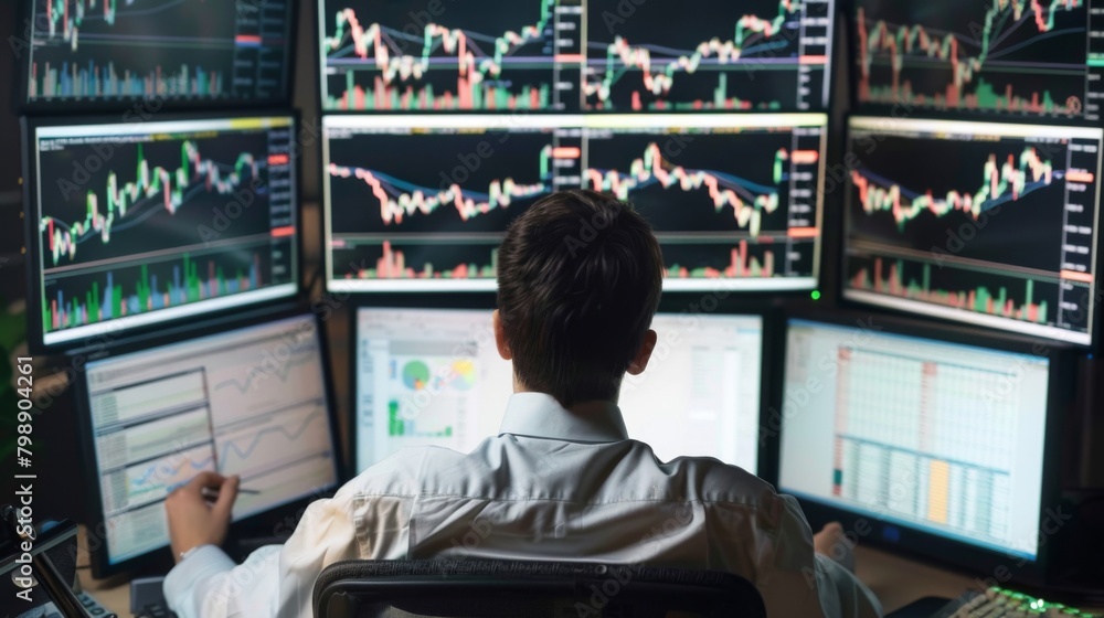 Poster A focused financial analyst reviewing intricate stock market graphs and data on multiple computer monitors.
