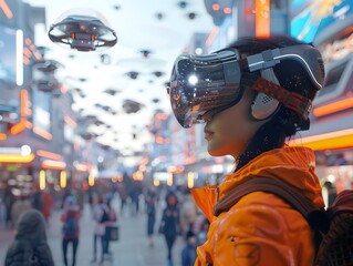 Bustling Open-Air Technology Market with Cutting-Edge Devices,Augmented Reality Demos,and Futuristic Aerial Displays