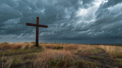 A wooden Christian cross seen from a field