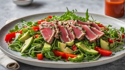 Tuna salad in its own sauce, avocado slices, arugula and red bell pepper.