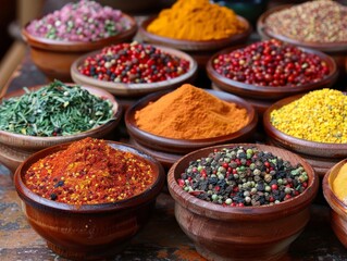 An assortment of colorful spices arranged neatly in small bowls.