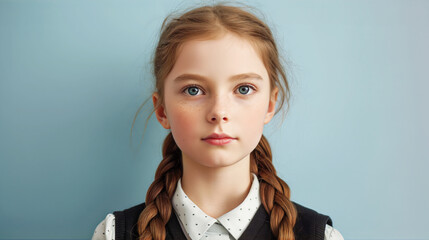 Close-up portrait of a young schoolgirl with braided hair, wearing a uniform vest and collar shirt, against a soft blue background, evoking innocence and the start of the school journey