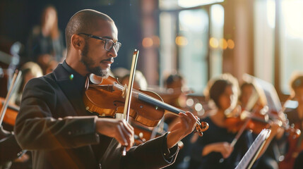 A music teacher conducting a multiethnic school orchestra during rehearsal, capturing the dynamic interaction between the teacher and the young musicians, Teacher's day, natural li - obrazy, fototapety, plakaty