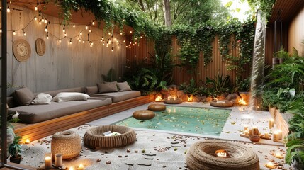 A backyard spa retreat with a wood pit, wood loungers with a cushion, low lounge seating area and...