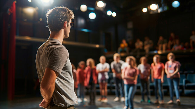 A drama teacher directing a play rehearsal with a diverse cast of students in a school theater, capturing the creative process and interaction, Teacher's day, natural light, soft s