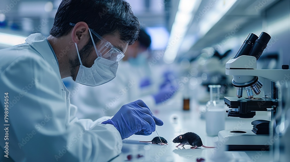 Poster a laboratory experimenters operating a few black and white experimental rats, long rang view, clean 