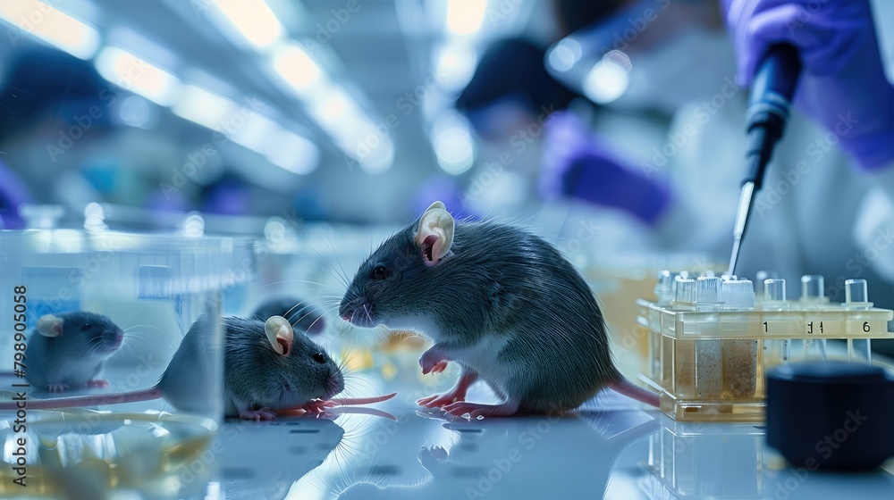 Aufkleber a laboratory experimenters operating a few black and white experimental rats, long rang view, clean 
