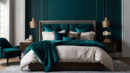 Dark green bedroom interior with wooden bed and green velvet pillows.