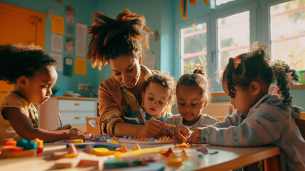 A preschool teacher helping a diverse group of toddlers with a hands-on craft project in a brightly colored classroom, Teacher's day, natural light, soft shadows, blurred backgroun