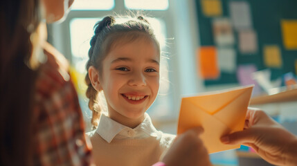A young elementary school student presenting a handmade card to a smiling teacher in a brightly lit classroom, Teacher's day, natural light, soft shadows, blurred background, with