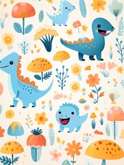 Happy dinos, whimsical outdoors, continuous design, simple flat, solid bg ,  cute hand drawn