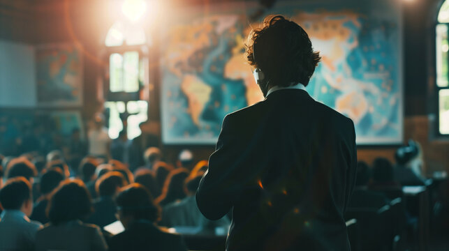 A keynote speaker discussing global educational trends in front of an international audience, with interpreters in the background, Teacher's day, natural light, soft shadows, blurr