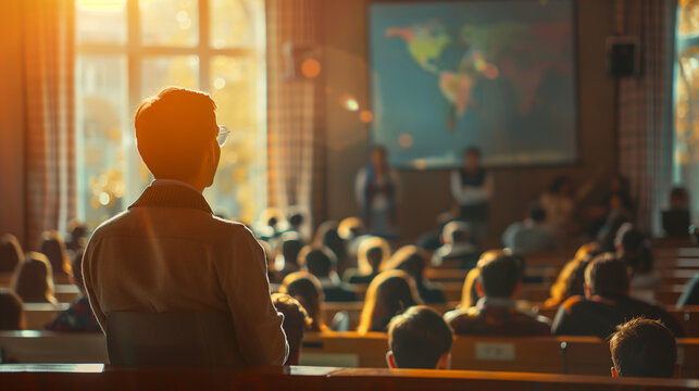 A keynote speaker discussing global educational trends in front of an international audience, with interpreters in the background, Teacher's day, natural light, soft shadows, blurr