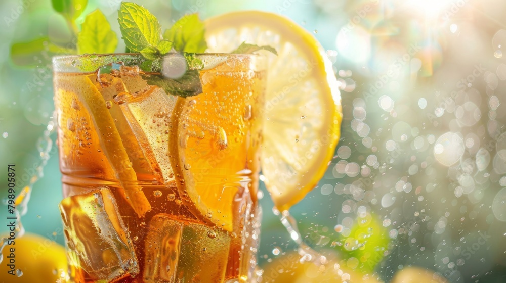Poster a glass of iced tea with lemon slices and mint leaves, floating refreshingly in a pool of condensati