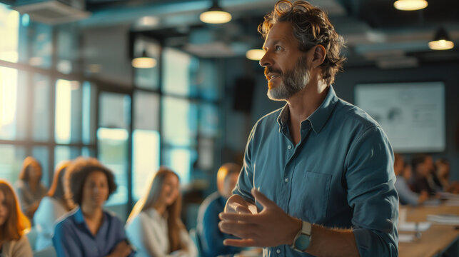 A workshop leader demonstrating interactive technology in education to a group of attentive teachers from around the globe, Teacher's day, natural light, soft shadows, blurred back