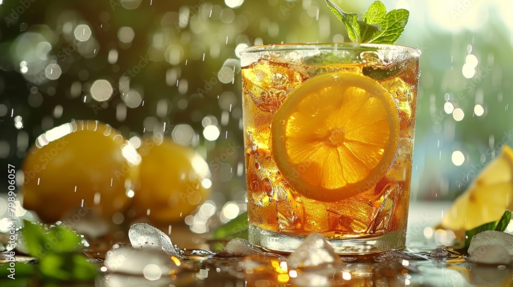 Poster a glass of iced tea with lemon slices and mint leaves, floating refreshingly in a pool of condensati