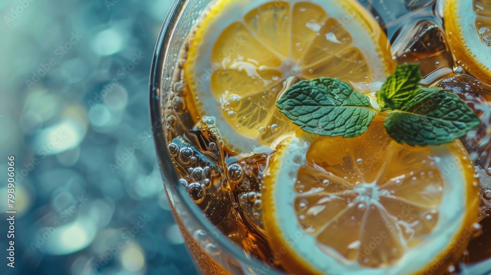 Poster a glass of iced tea with lemon slices and mint leaves, floating refreshingly in a pool of condensati