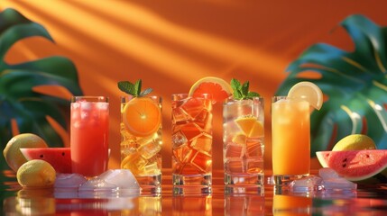5 juicy and bright summer cocktails, the one on the right is with watermelon, the one on the left is with lemon and the one in the center is with orange. Generative AI.