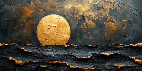 Painting featuring a textured gold disk against a black background