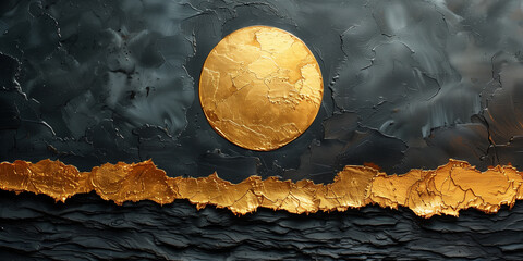 Painting depicting a gold disk on a black background in acrylic textured art - obrazy, fototapety, plakaty