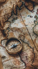 Fototapeta premium Retro magnetic compass placed on a world map, evoking themes of travel, geography, history, navigation, tourism, and exploration.