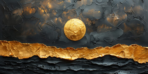 A painting featuring a gold disk against a black background