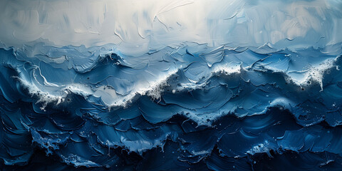 Acrylic textured waves in dark blue and white colors in an ocean setting - obrazy, fototapety, plakaty
