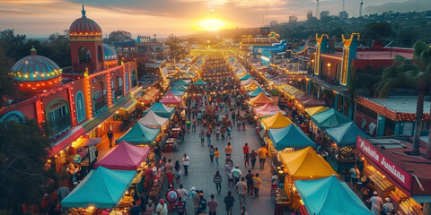 Aerial view of a large Festa Junina celebration at a carnival during sunset, with colorful rides, tents, and people