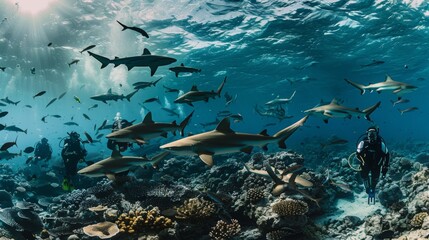 A group of divers observing a mesmerizing school of reef sharks in their natural habitat.