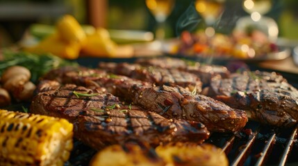 A group of friends dining al fresco, enjoying a barbecue feast complete with grilled steaks, corn on the cob, and baked potatoes.