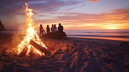 A group of friends enjoying a bonfire on the beach at twilight, with the flames casting a warm glow on the sand and sea.