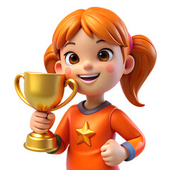 3d cartoon illustration of kid girl with gold trophy, highly detailed, happy, cute