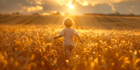 A little boy runs joyfully through a field of wheat Whole Grain Day banner