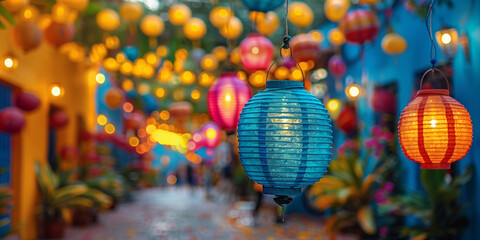 Obraz premium Various handcrafted lanterns in a range of colors suspended from a ceiling Festa Junina banner