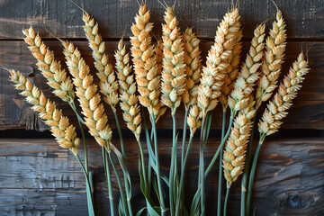 Bunch of wheat stalks arranged on a wooden table Whole Grain Day