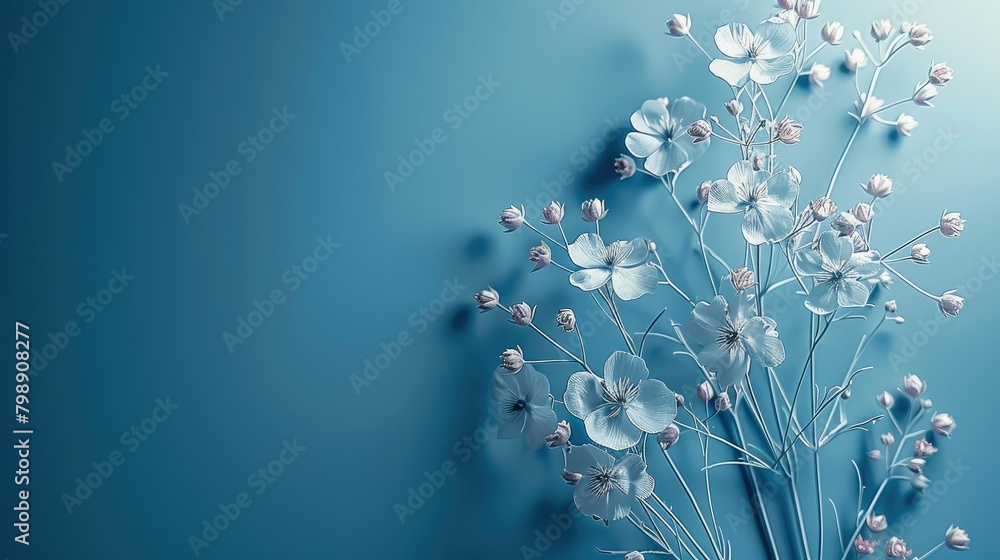 Poster a simple blue background with a bouquet of flowers, minimalist style, mainly in blue tones. generati