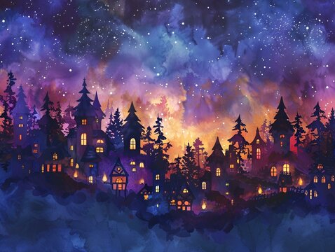 The image is a watercolor painting of a village at night. 