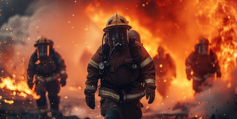 Team of workers with power and firefighter, red fire, spray water. Generative AI.