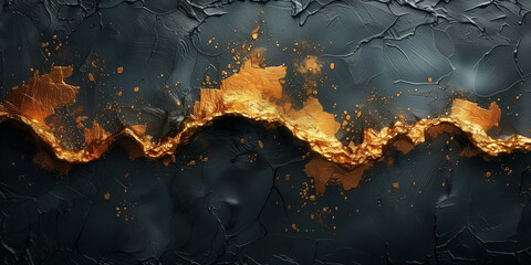 Detailed painting featuring gold paint on a black background in acrylic texture banner