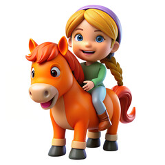 3d cartoon illustration of kid girl with riding cute horse, highly detailed, happy, cute