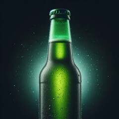 A macro image of a green beer bottle with condensation drops on dark gradient background, Generative Ai.