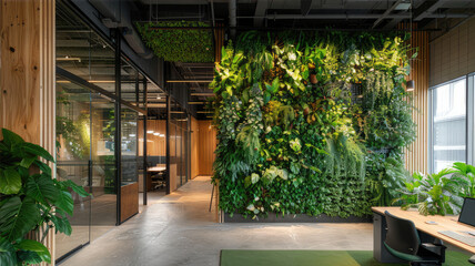 Building hallway adorned with abundant plants, trees, and lush greenery