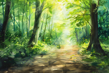 森林の中の小道をテーマにした水彩画