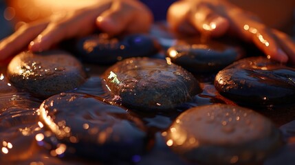 A hot stone massage therapy session, with smooth river stones placed on the body to release tension and promote natural healing.