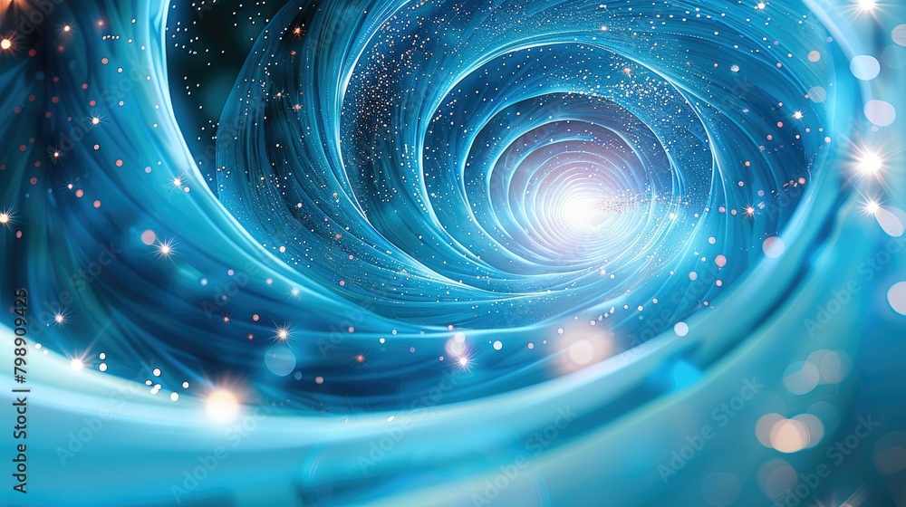 Poster a blue background, glowing with light. a spinning spiraat, the overall style is futuristic and techn