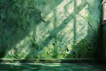 An empty room featuring a green wall with texture and a window