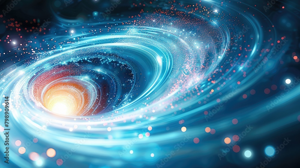 Poster a blue background, glowing with light. a spinning spiraat, the overall style is futuristic and techn