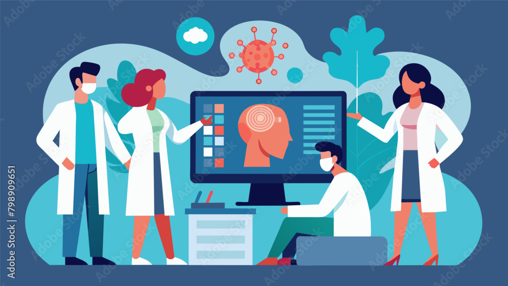 Poster in a medical research facility a team of scientists huddle around a computer screen analyzing data f