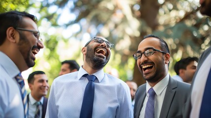 The laughing expressions of a group of middle eastern businessmen while gathering.