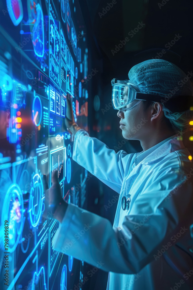 Poster a woman wearing a lab coat and goggles is focused on working on a computer screen in a laboratory se